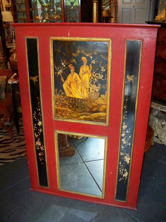 A red French or Italian trumeau mirror with inset chinoiserie panels. Probably antique chinoiserie panels set in 1921 frame . Signed 