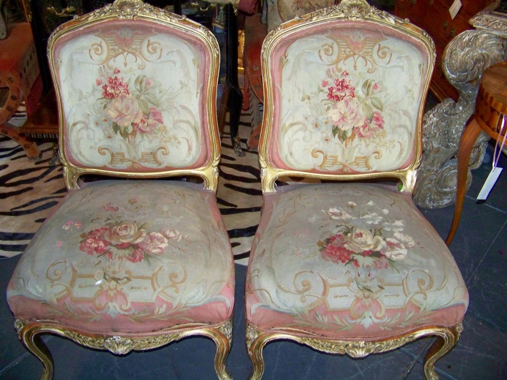 French Pair of Louis XV style giltwood chairs with tapestry covering