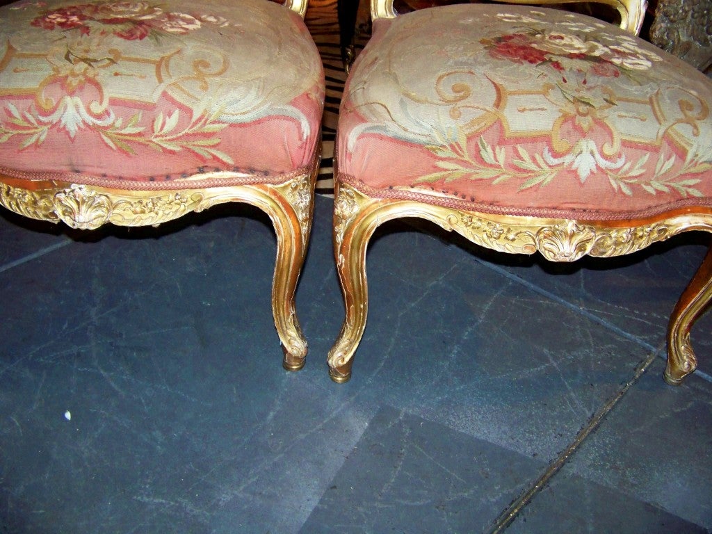 Pair of Louis XV style giltwood chairs with tapestry covering 1