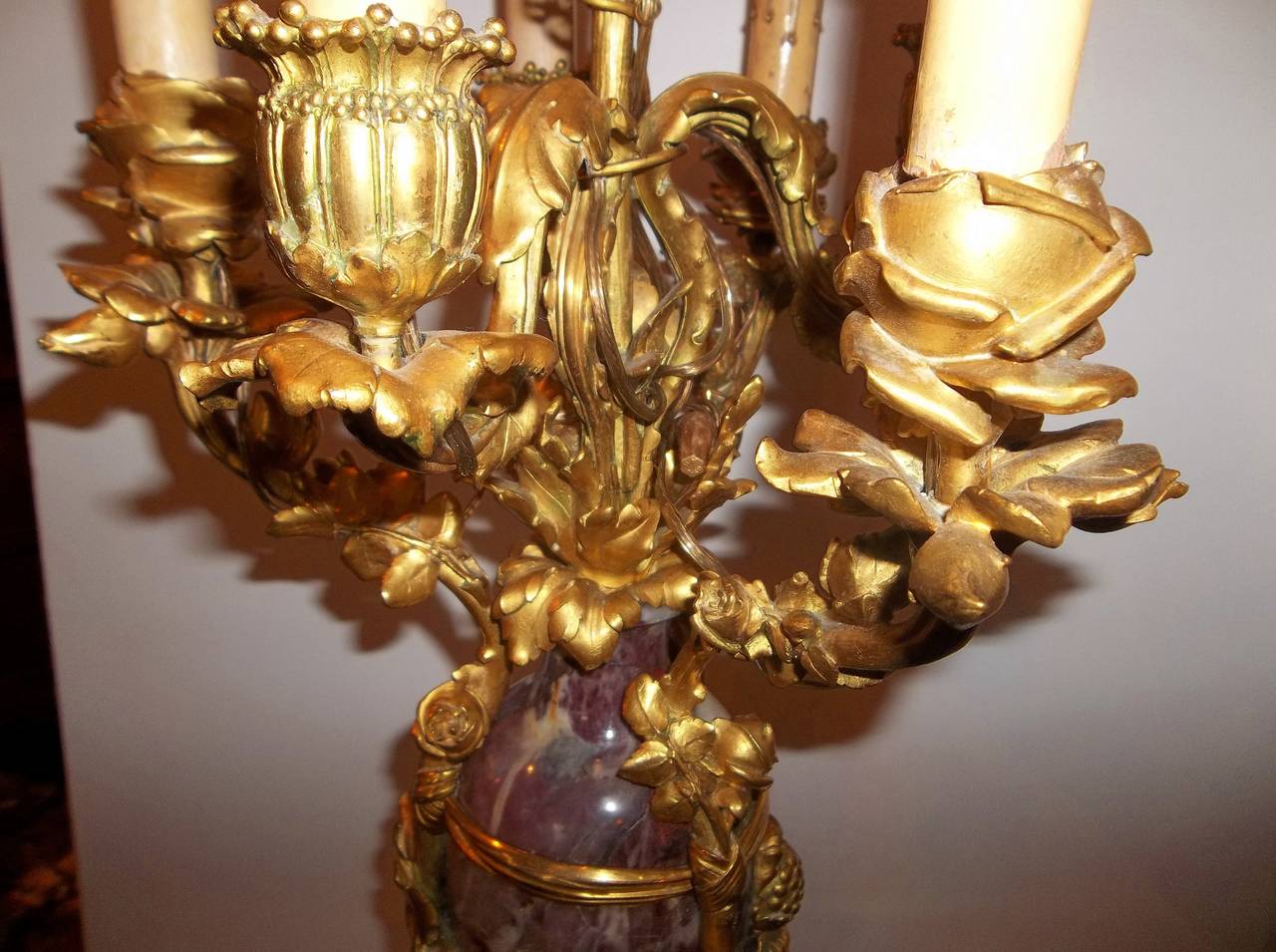 Beaux Arts Lavender and Rouge Marble Gilt Bronze Candelabra Now a Lamp For Sale