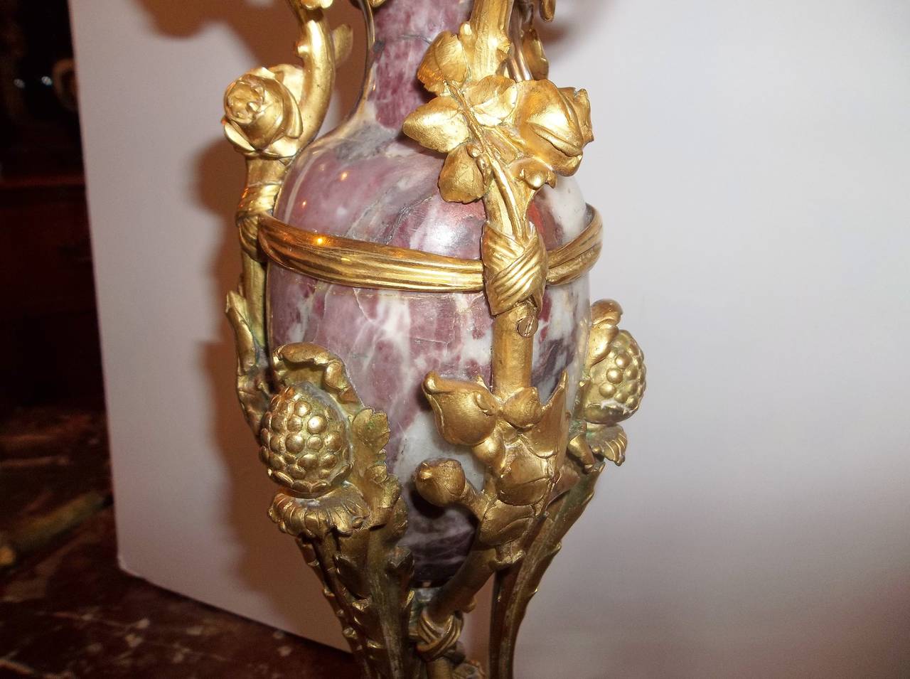 Lavender and Rouge Marble Gilt Bronze Candelabra Now a Lamp In Fair Condition For Sale In Nashville, TN