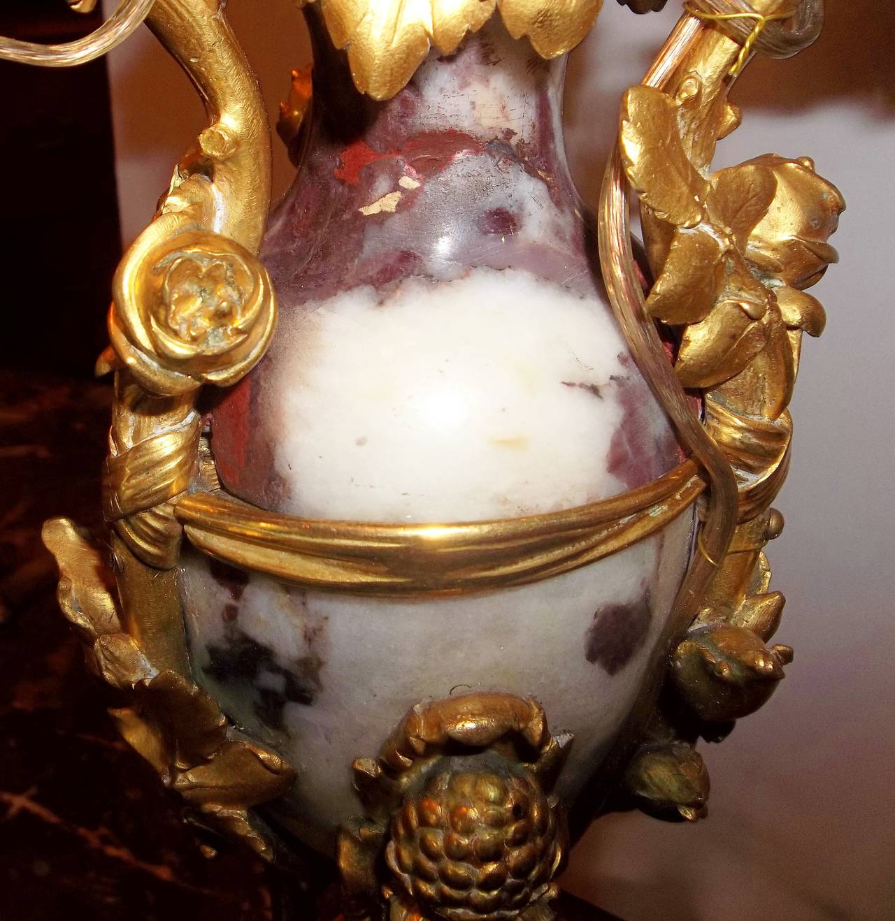 French Lavender and Rouge Marble Gilt Bronze Candelabra Now a Lamp For Sale