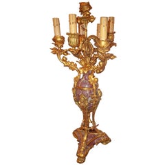 Lavender and Rouge Marble Gilt Bronze Candelabra Now a Lamp