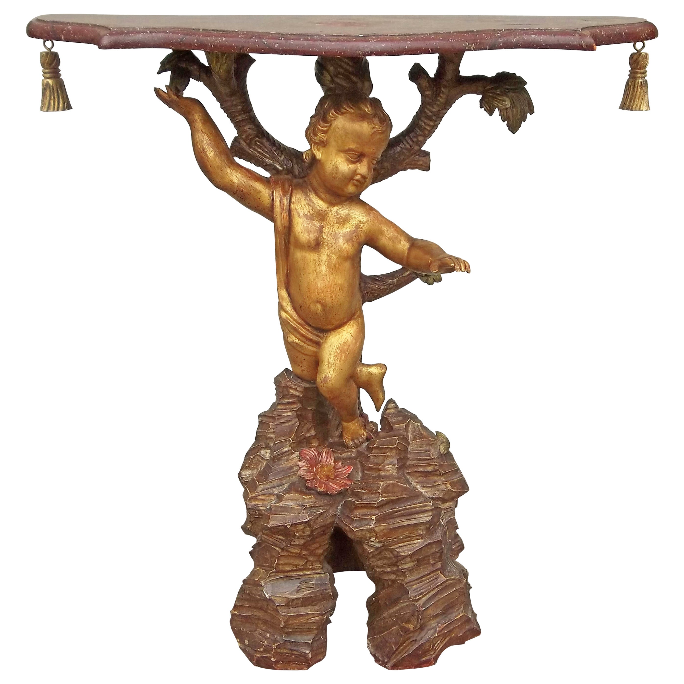 Venetian Giltwood Putti or Cherub Polychrome Grotto Console Table