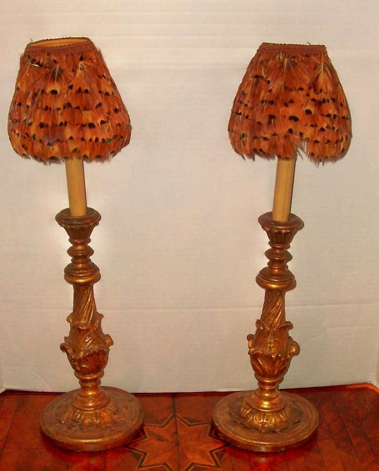 Louis XVI pair giltwood candlesticks now mounted as lamps