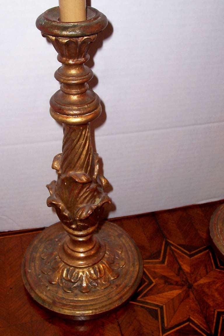 pair giltwood candlesticks now mounted as lamps In Good Condition In Nashville, TN