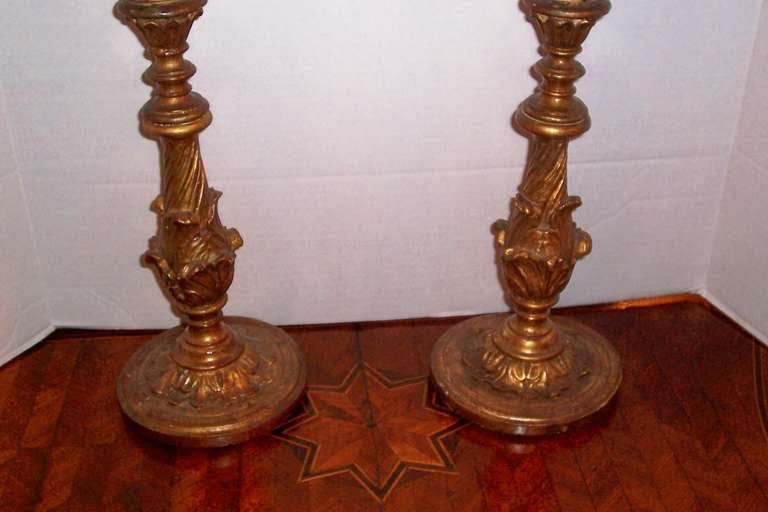 French pair giltwood candlesticks now mounted as lamps