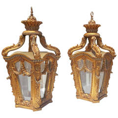 Pair of Italian Rococo Styled Giltwood Lanterns, Paint Highlights