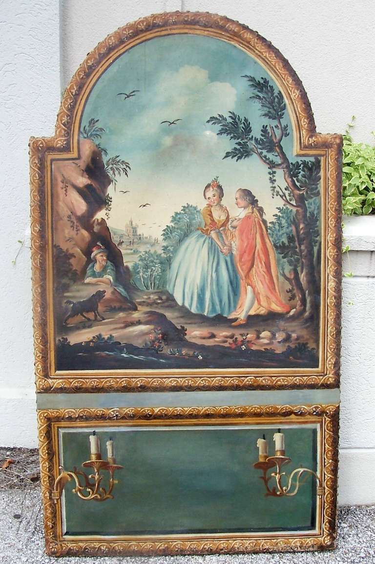 Possibly late 18th century but most likely 19th century painted arched painted panel. Either a panel intended for a trumeau or to be inset into wall boiserie as a trumeau. The upper panel typical courting scene with dog and orientalist courtier set