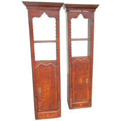 Antique Pair of Inlaid English Oak Hanging Cabinets or Cupboards