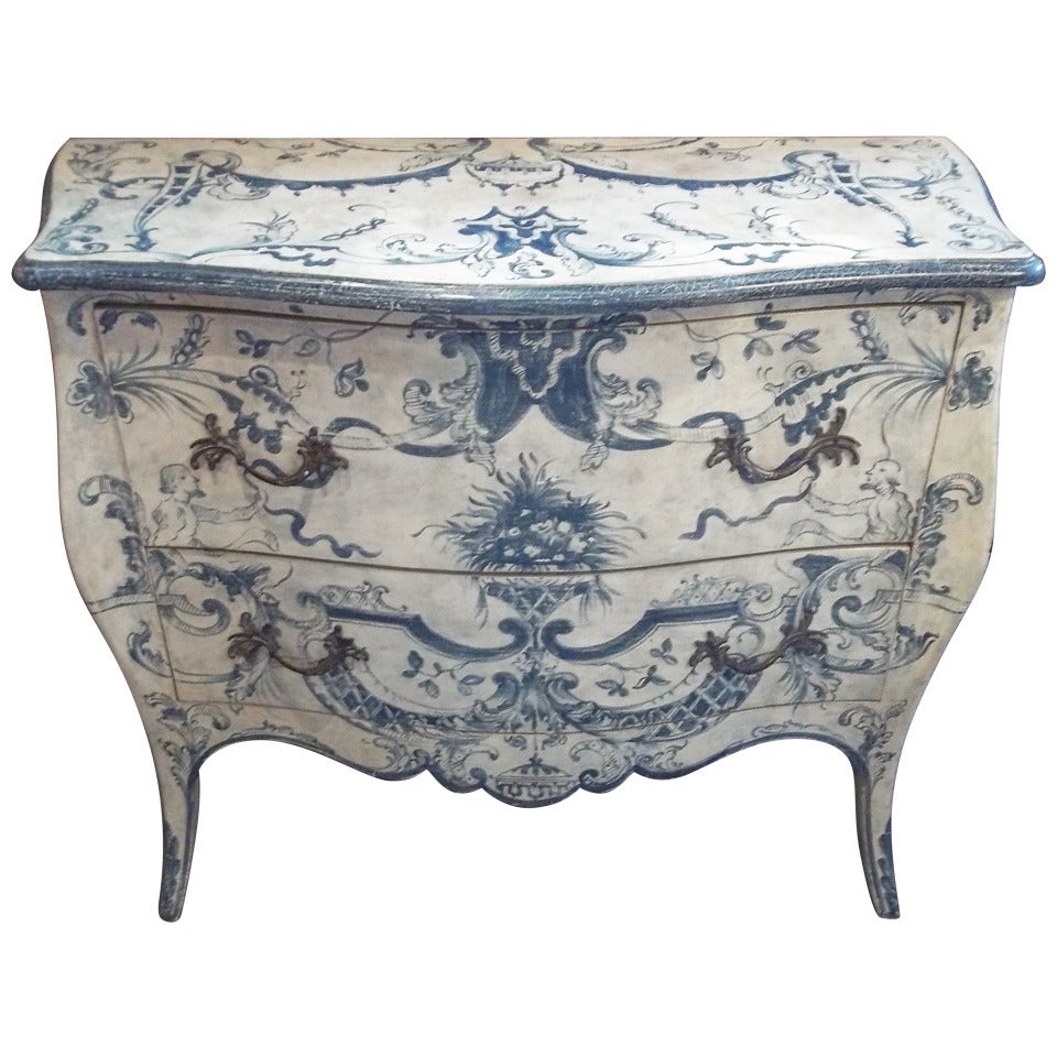Italian Blue And White Painted Commode In 18th Century Rococo Style