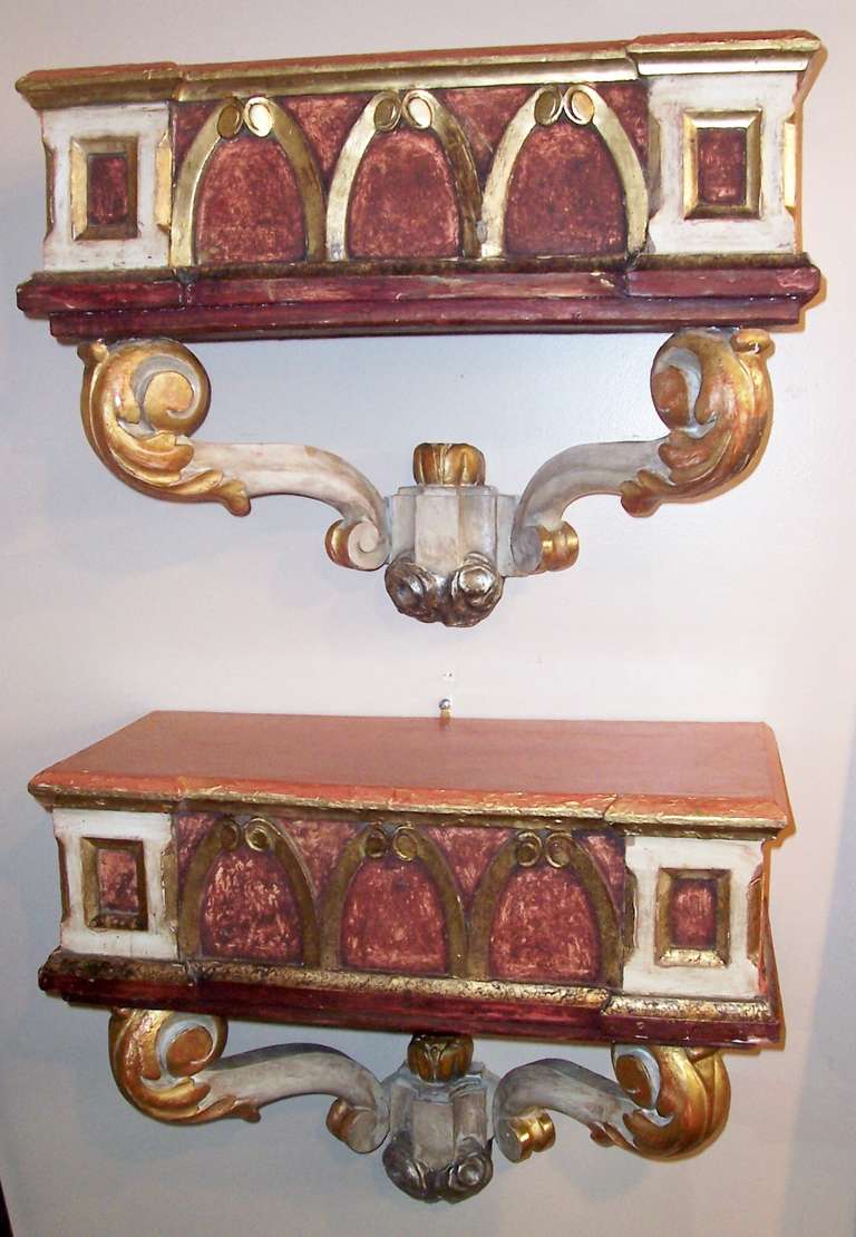 Pair Italian or Venetian Gilt and Paint Distressed Consoles