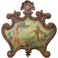 Silver Giltwood Wall Plaque Encasing a Capriccio or Landscape Ruins