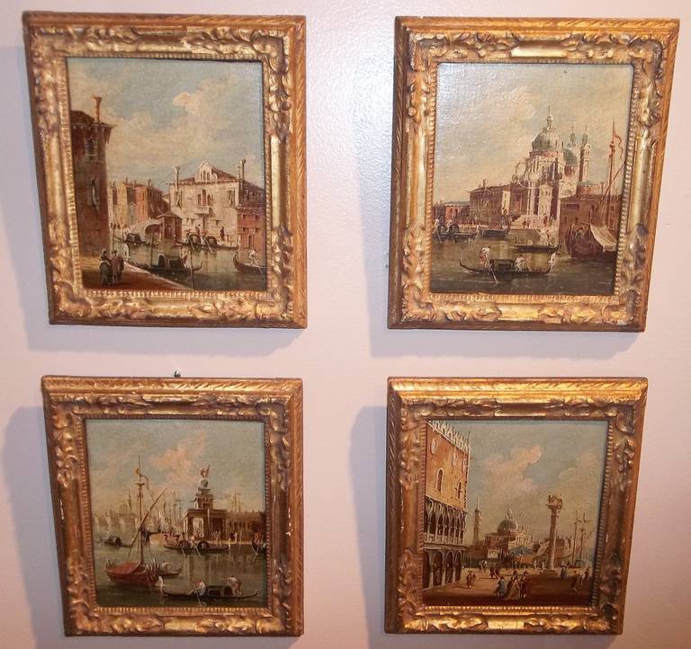 Four canal scenes, nicely detailed.
1). Grand Canal. 
2). Opening of Grand Canal, Punta della Dogana. 
3). Doge's Palace.
4). Della Salute. 

Each in carved wood gilt frame, each in very good condition with craquelure throughout. 

Probably 20th