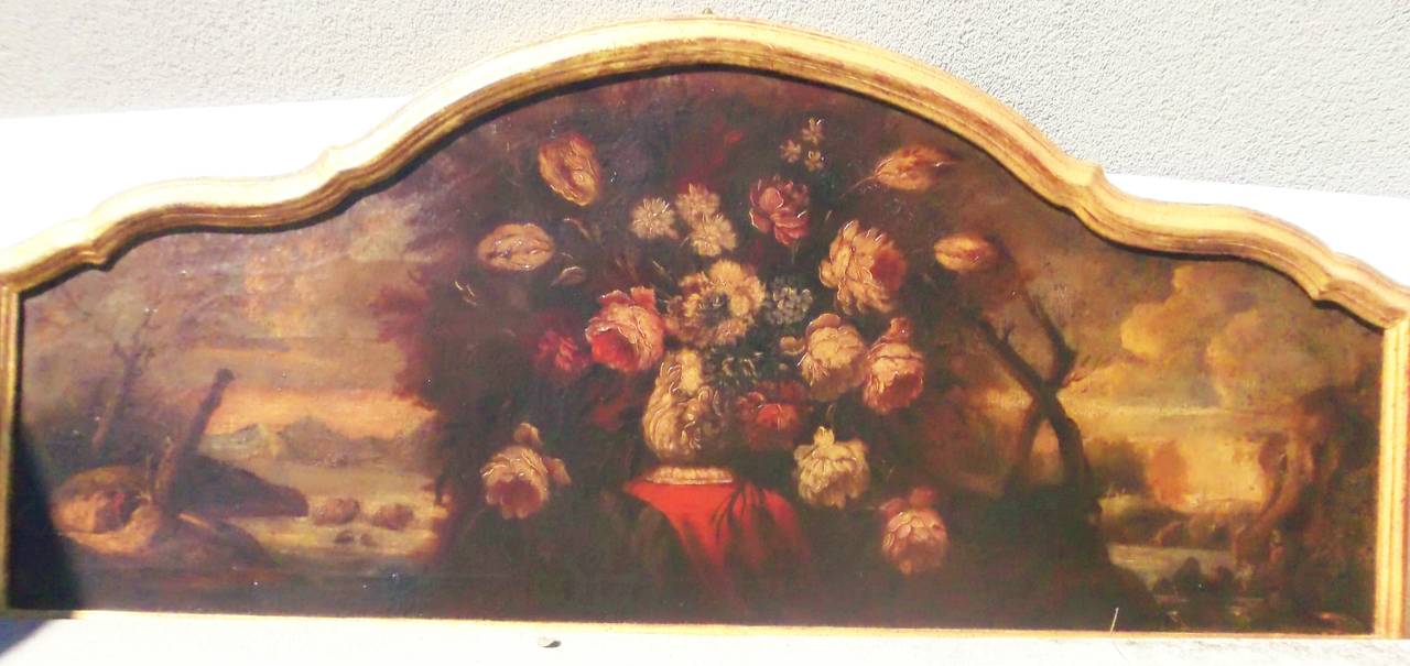 20th Century Pair of Italian Floral Overdoor Oils with Capriccio and Landscape Views