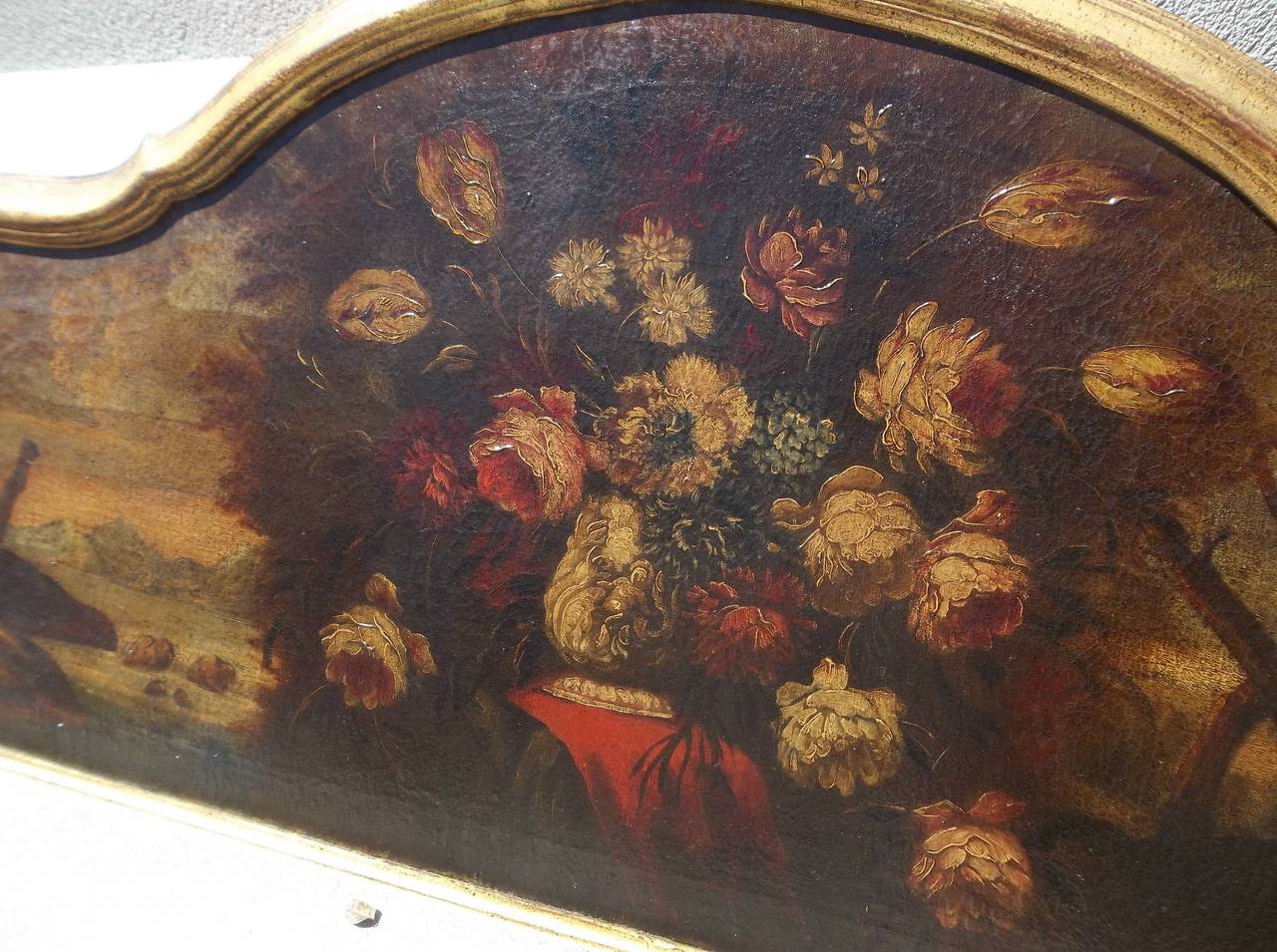 Canvas Pair of Italian Floral Overdoor Oils with Capriccio and Landscape Views