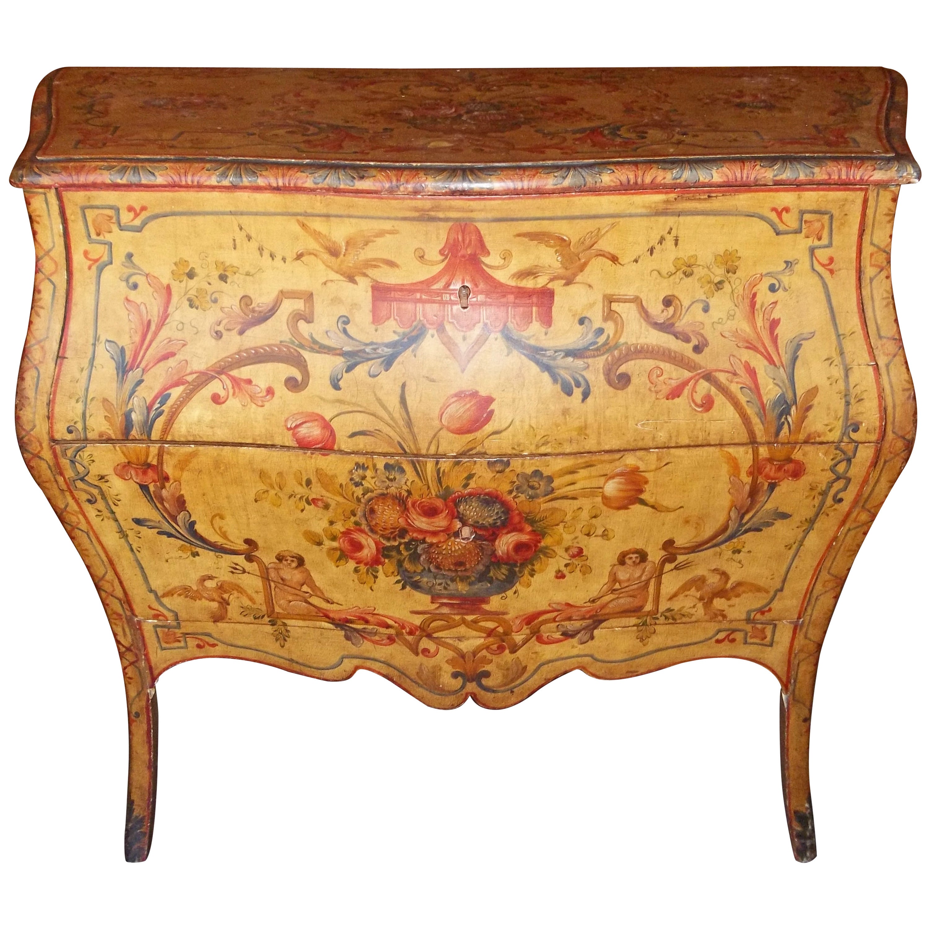 Italian Floral Painted Rococo Bombe Commode