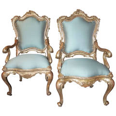 Large Pair of  Italian Venetian Rococo Silver Giltwood Armchairs