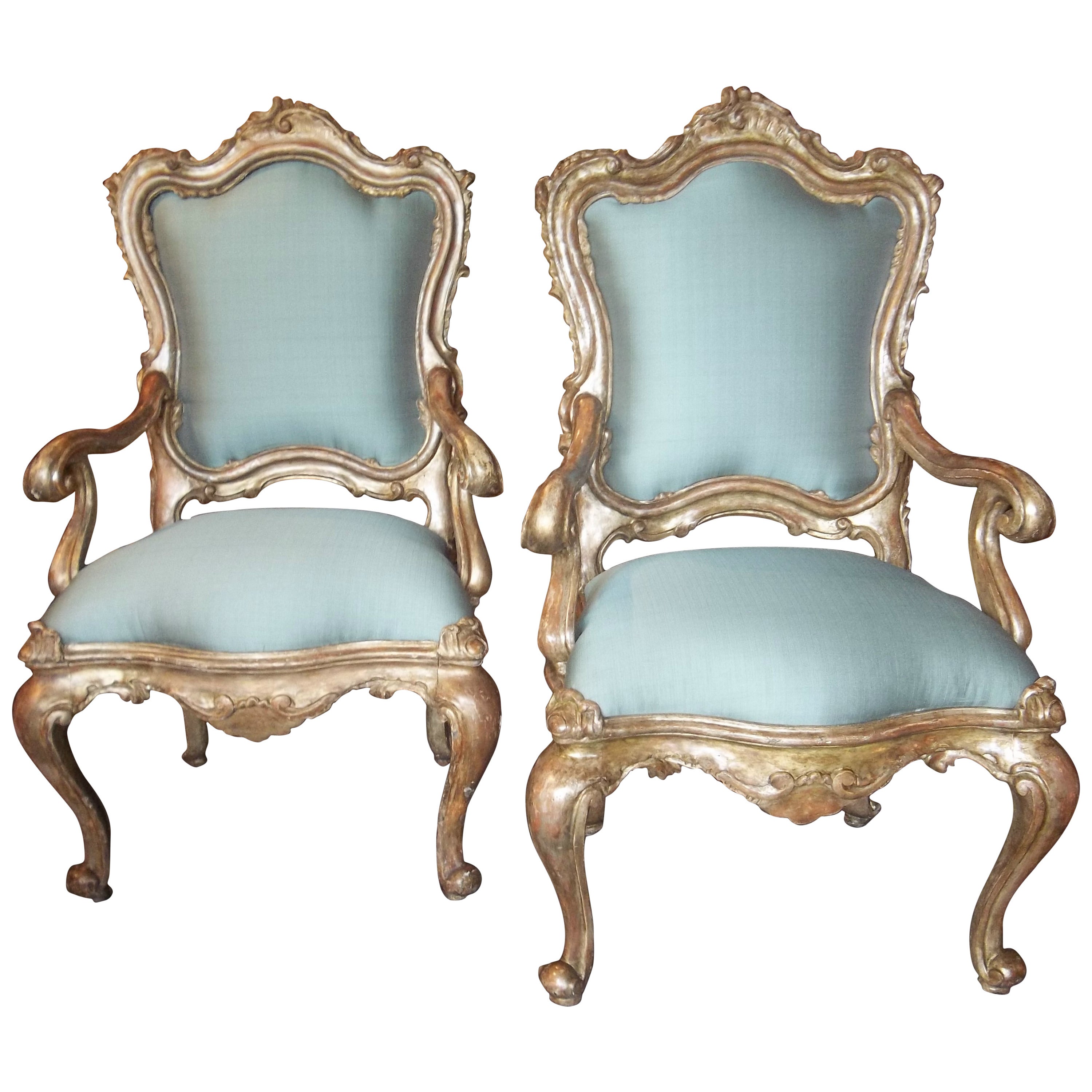 Large Pair of  Italian Venetian Rococo Silver Giltwood Armchairs