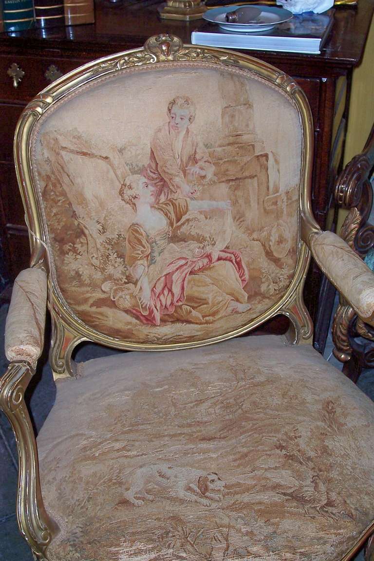 French Pair of Louis Xv Style Giltwood Armchairs , Tapestry Covering