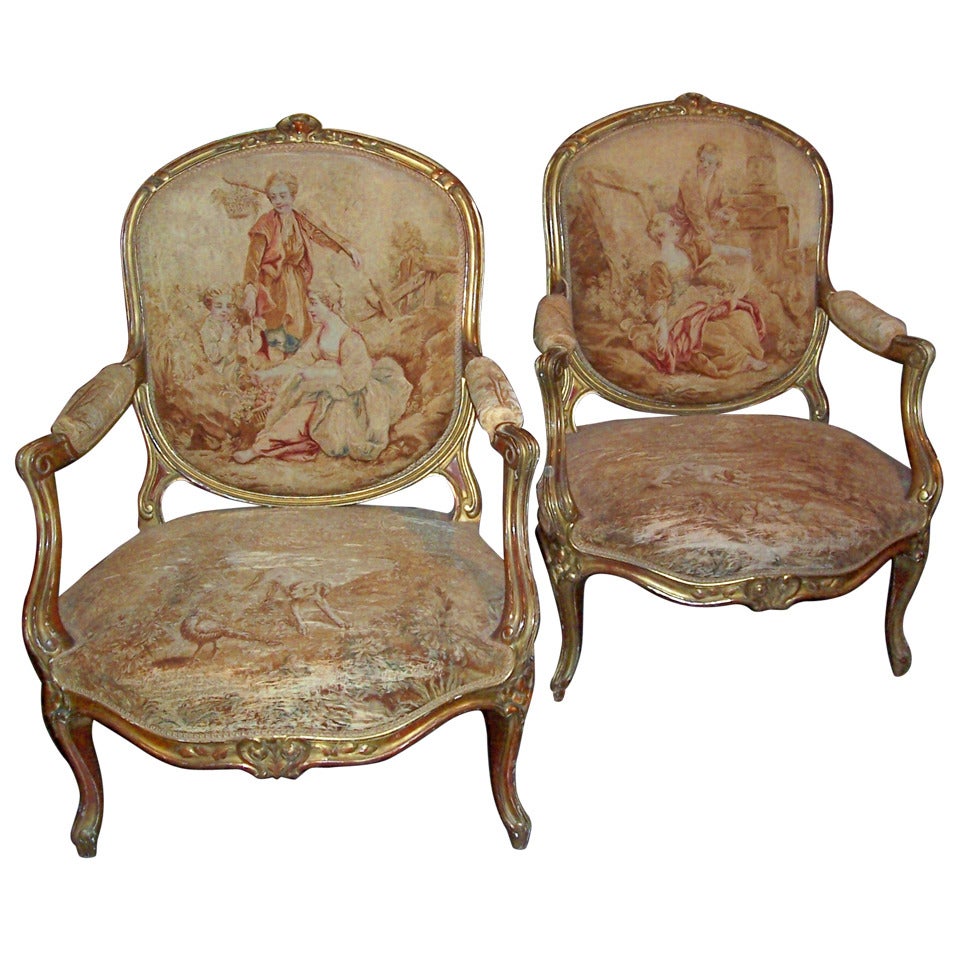 Pair of Louis Xv Style Giltwood Armchairs , Tapestry Covering