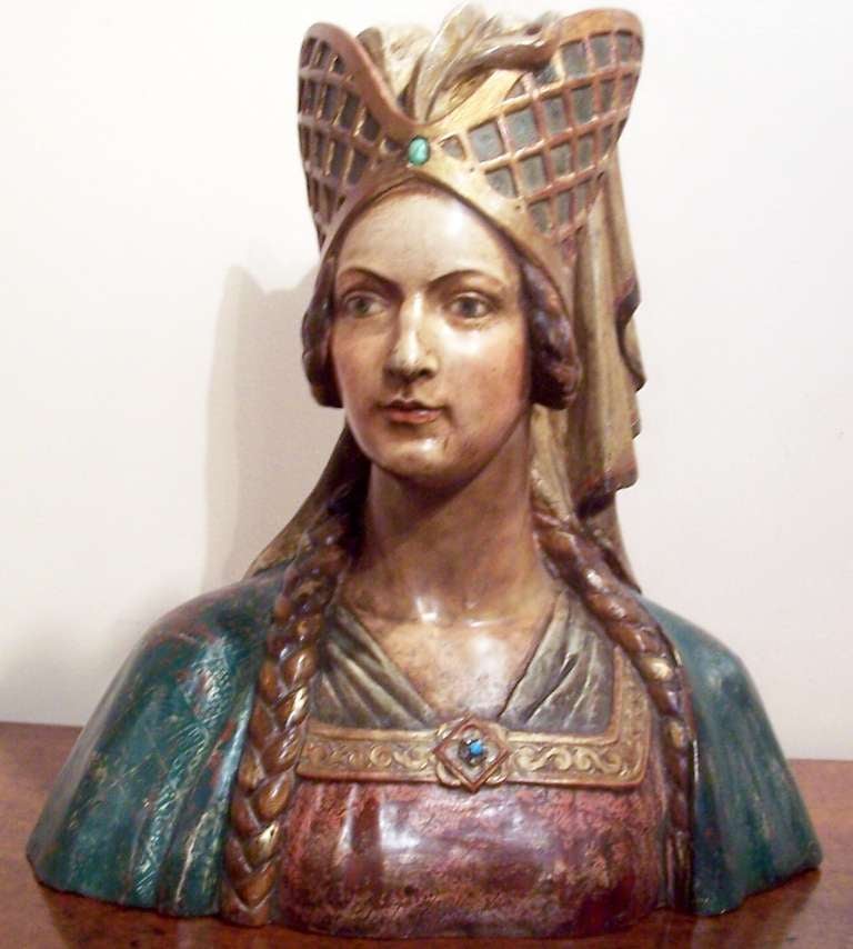 Polychrome Carved Wooden Bust of Lady
