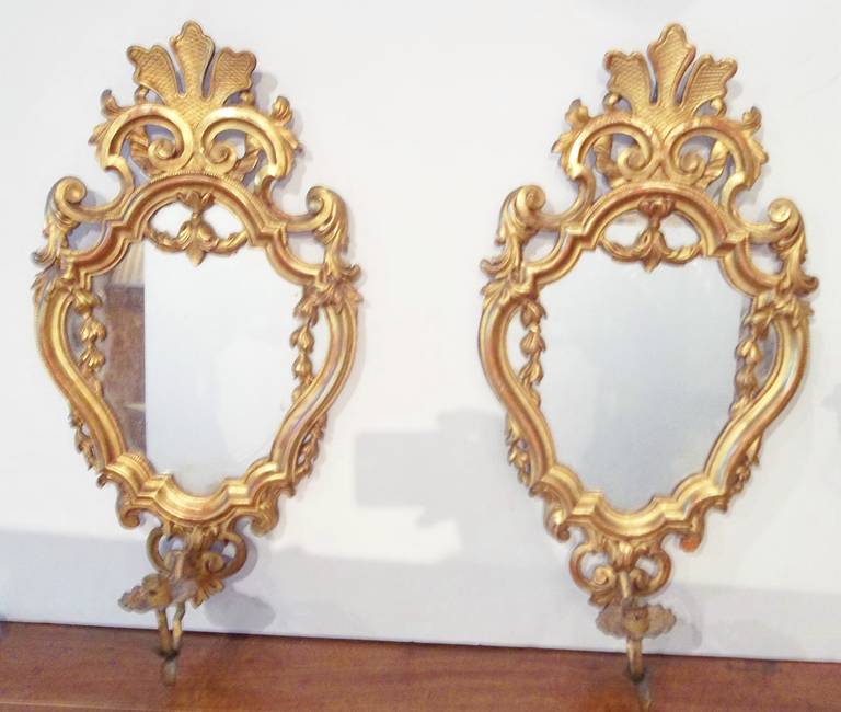 Pair of Louis XV Style Giltwood Mirrors with Sconces in Water Gilt