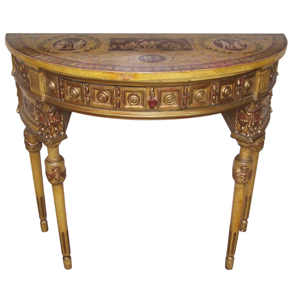Italian Paint and Parcel Gilt Demilune Neoclassical Console Table