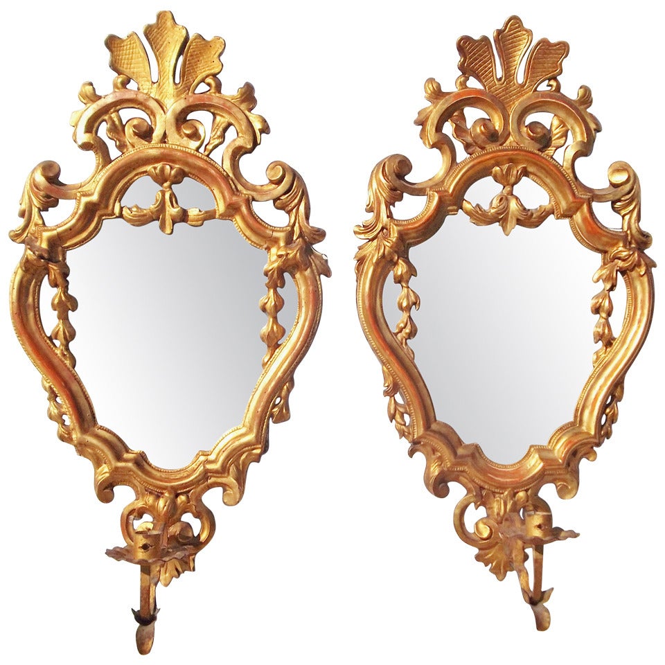 Pair of Louis XV Style Giltwood Mirrors with Sconces in Water Gilt