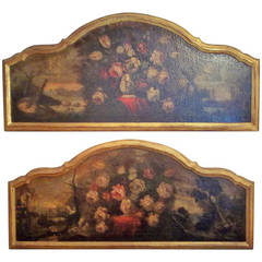 Antique Pair of Italian Floral Overdoor Oils with Capriccio and Landscape Views