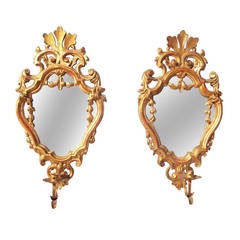 Antique Pair of Louis XV Style Giltwood Mirrors with Sconces in Water Gilt