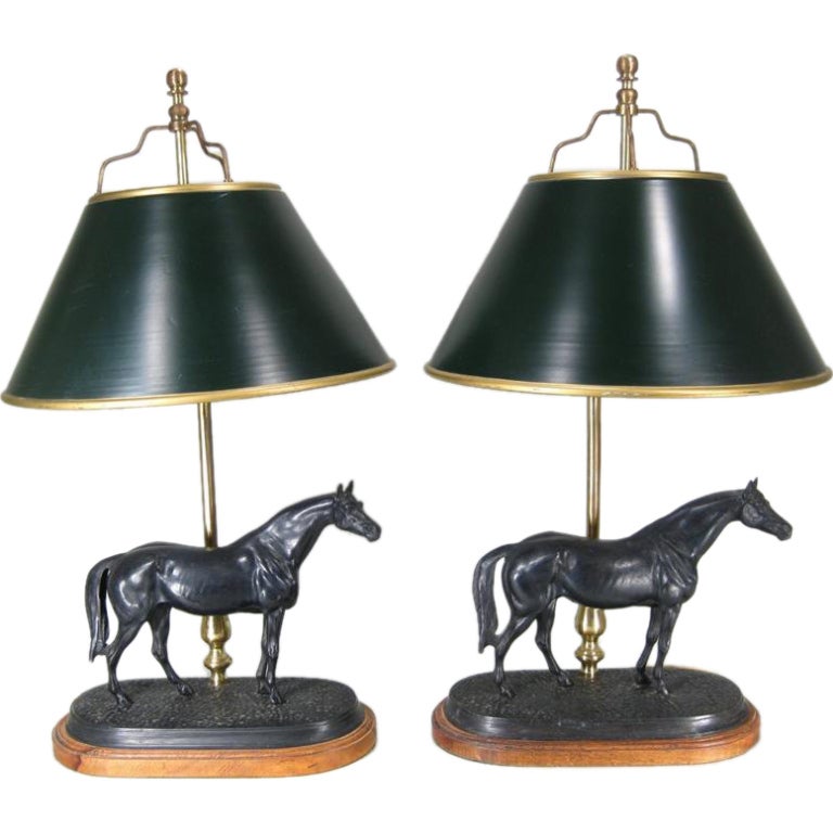 Pair of bronze horses mounted as lamps