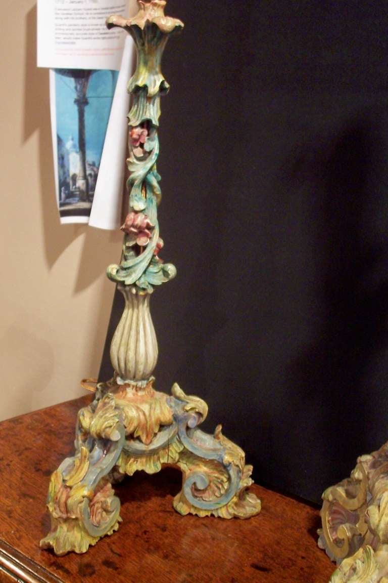 Wood Companion Pair Of Venetian Candlesticks As Lamps