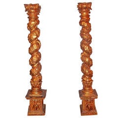 Pair of Tall Giltwood Solomonic Columns as Candlesticks