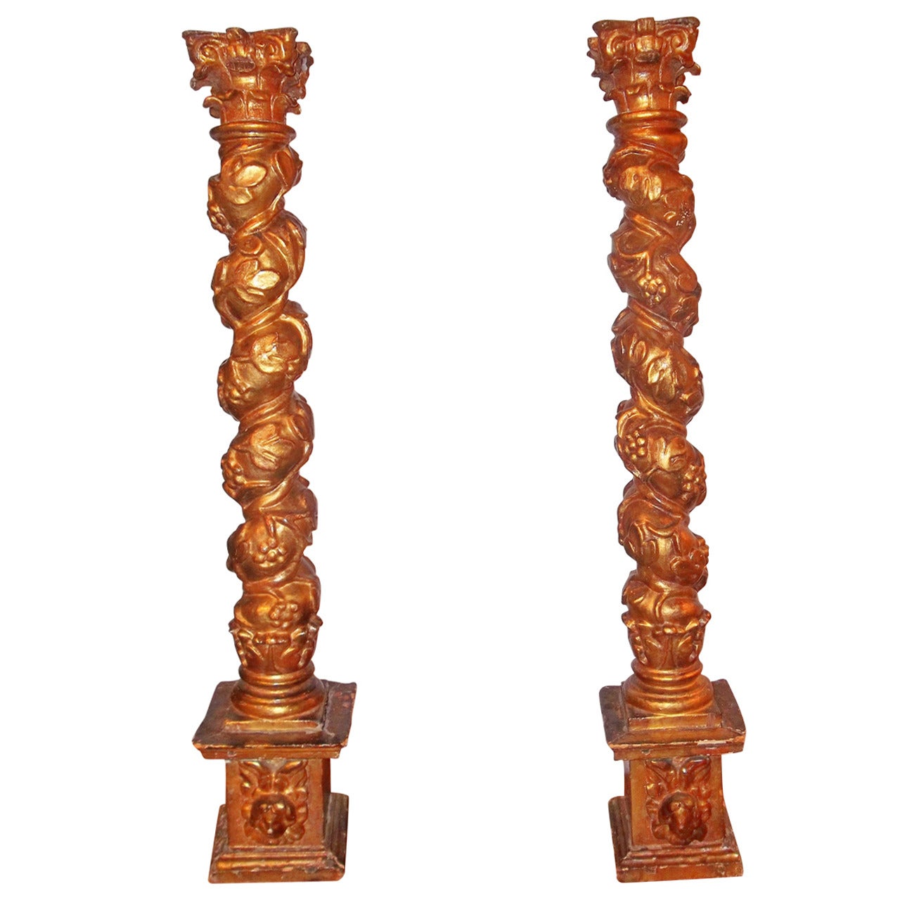 Pair of Tall Giltwood Solomonic Columns as Candlesticks