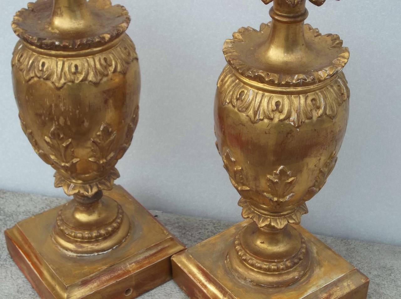 Gold Leaf Pair of Giltwood Garniture Urns or Vases Mounted as Lamps