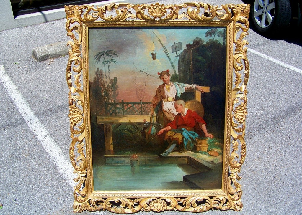 A most fine late 18th century Italian chinoiserie scene of a man and woman fishing . Chinese fretwork bridge in background and the figures are also in oriental garb but with rather European facial features and the woman with a nice rosey cheeked