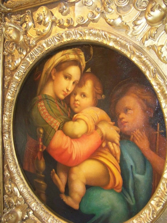Canvas after Raphael, monumental ' Madonna of the Chair  '  gilt frame