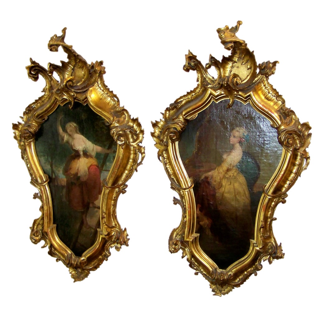 Pair of Venetian ( Italian ) Oils in Carved Giltwood Frames