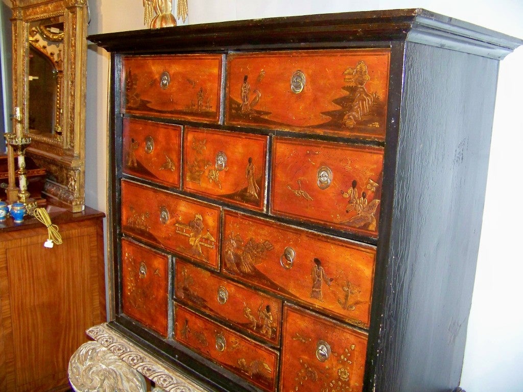 Wood George I red japanned & parcel gilt chest or cabinet