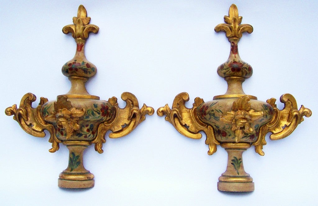 Large pair of baroque style Italian paint & gilt wall appliques / finials