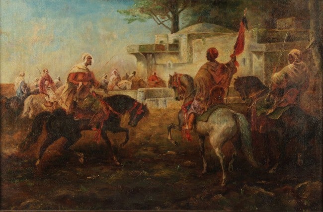 Orientalist / Arabian oil on canvas painting in the style of Adolf Schreyer (German, 1828-1899), depicting Arab warriors on horseback riding into a Middle Eastern town. Period giltwood and composition Louis XV style frame with label for J. O.