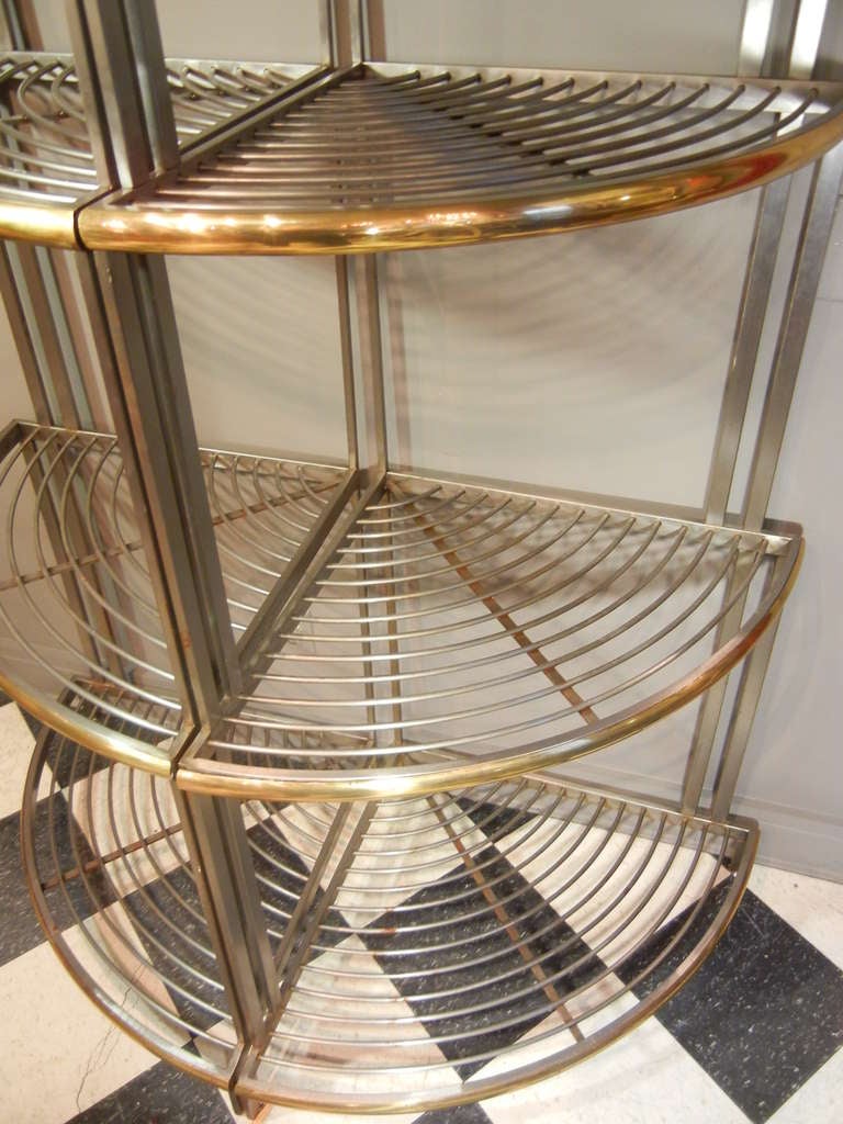 French Pair of Modernism Steel and Brass Corner Baker's Racks, France, circa 1935 For Sale