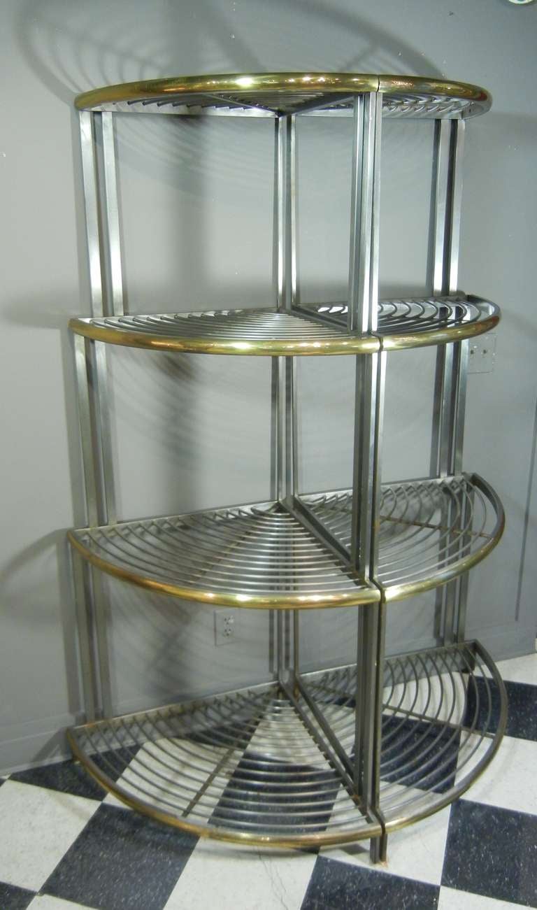 Mid-20th Century Pair of Modernism Steel and Brass Corner Baker's Racks, France, circa 1935 For Sale