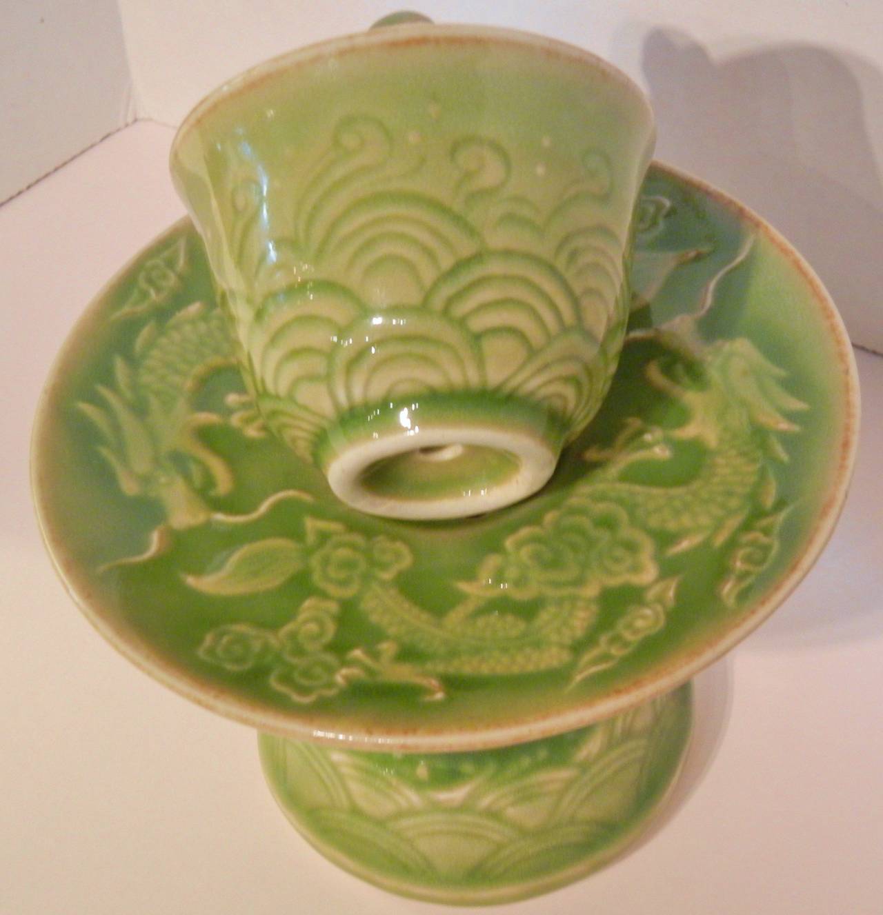 Carved Celadon Dragon Trick Cup on Stand, Qianlong Emperor