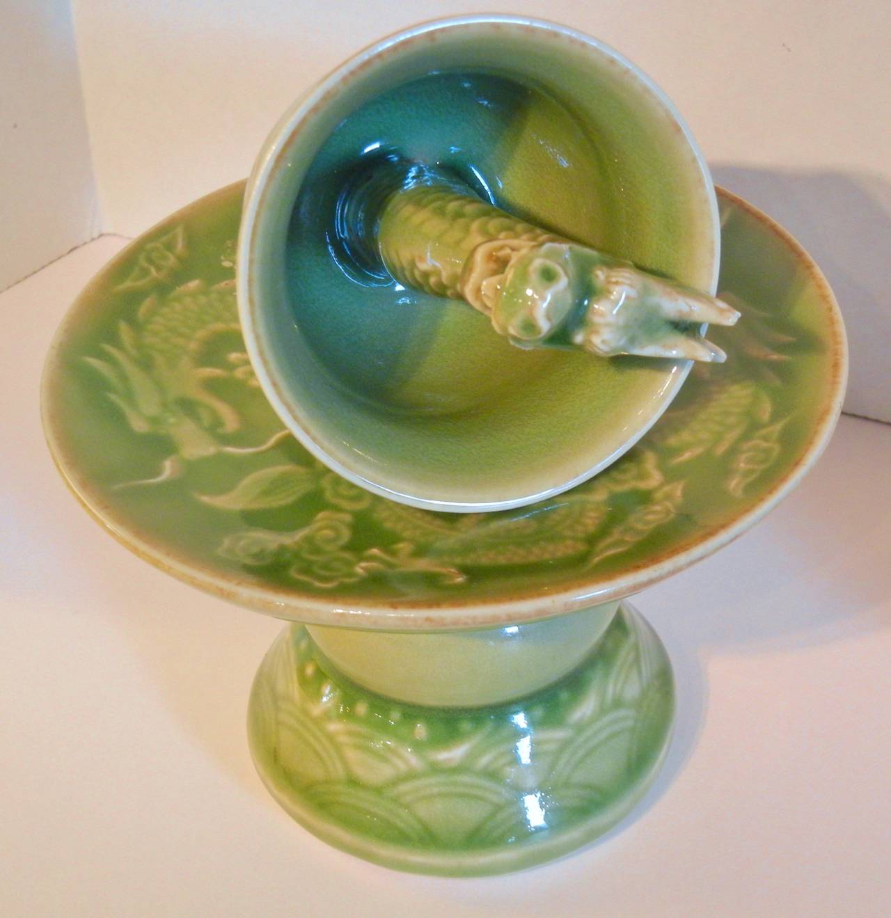 Celadon Dragon Trick Cup on Stand, Qianlong Emperor In Good Condition In Quechee, VT