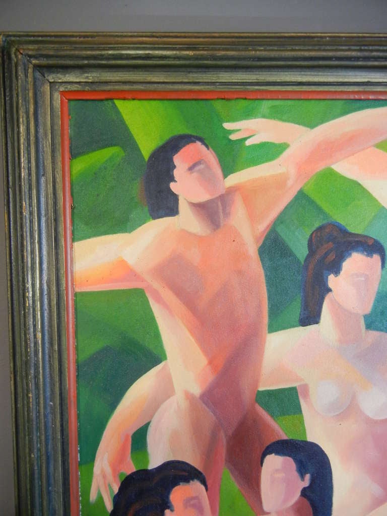 This lively American Expressionist oil painting shows influences of Matisse, Moreau, Cubism and Fauvism. In the Expressionist tradition, the emotion here is personal and strong, giving a sense of freedom, sensuality, elation, and love of nature. It