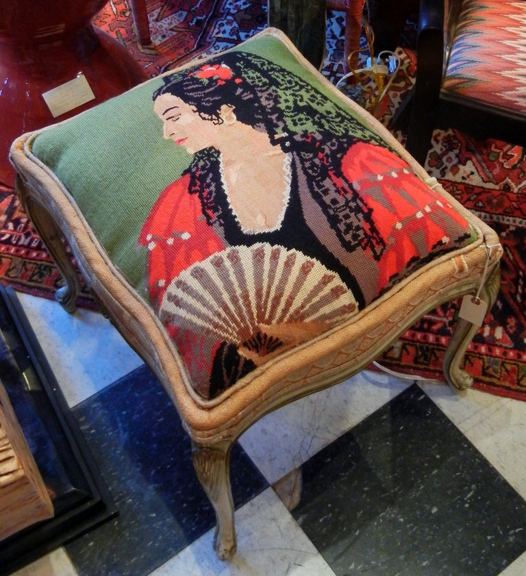Needlepoint Portrait with Petit Point Circa 1965 on 1930's Vanity Stool