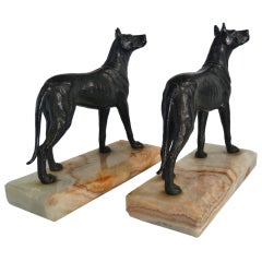 Great Dane Bookends in Black-Patinated Spelter on Marble Plinths