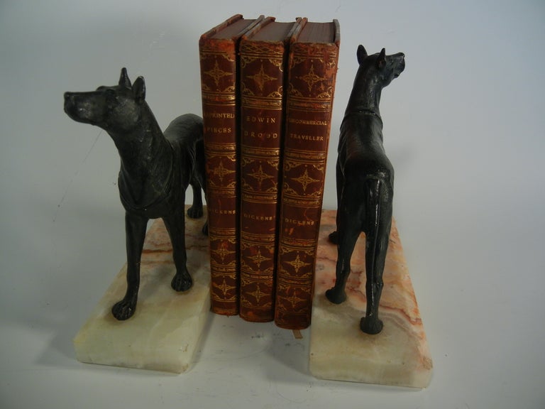 20th Century Great Dane Bookends in Black-Patinated Spelter on Marble Plinths